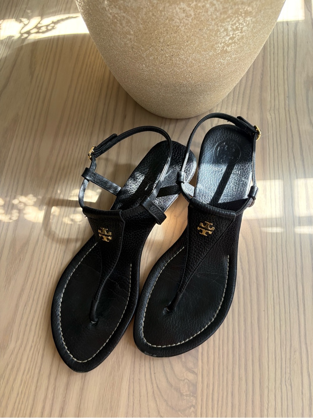 Tory Burch Pauline Demi- wedge Black Leather T-Strap Sandals with Gold Logo